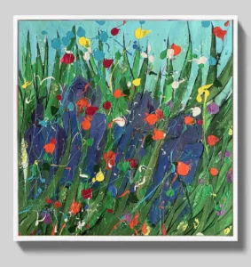Abstract iris painting for sale – "Iris Rush", acrylic on canvas, 40×40 cm, Dario Moschetta 2026