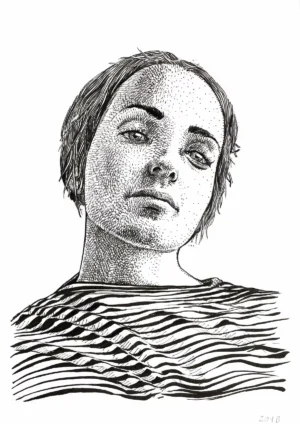 Black ink portrait drawing held by the artist – Portrait 201B