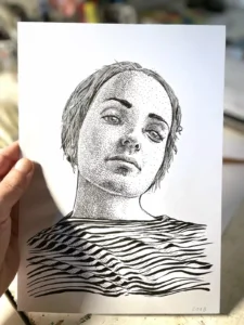 Black ink portrait drawing on paper – Portrait 201B, A4 format