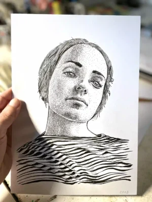 Black ink portrait drawing on paper – Portrait 201B, A4 format