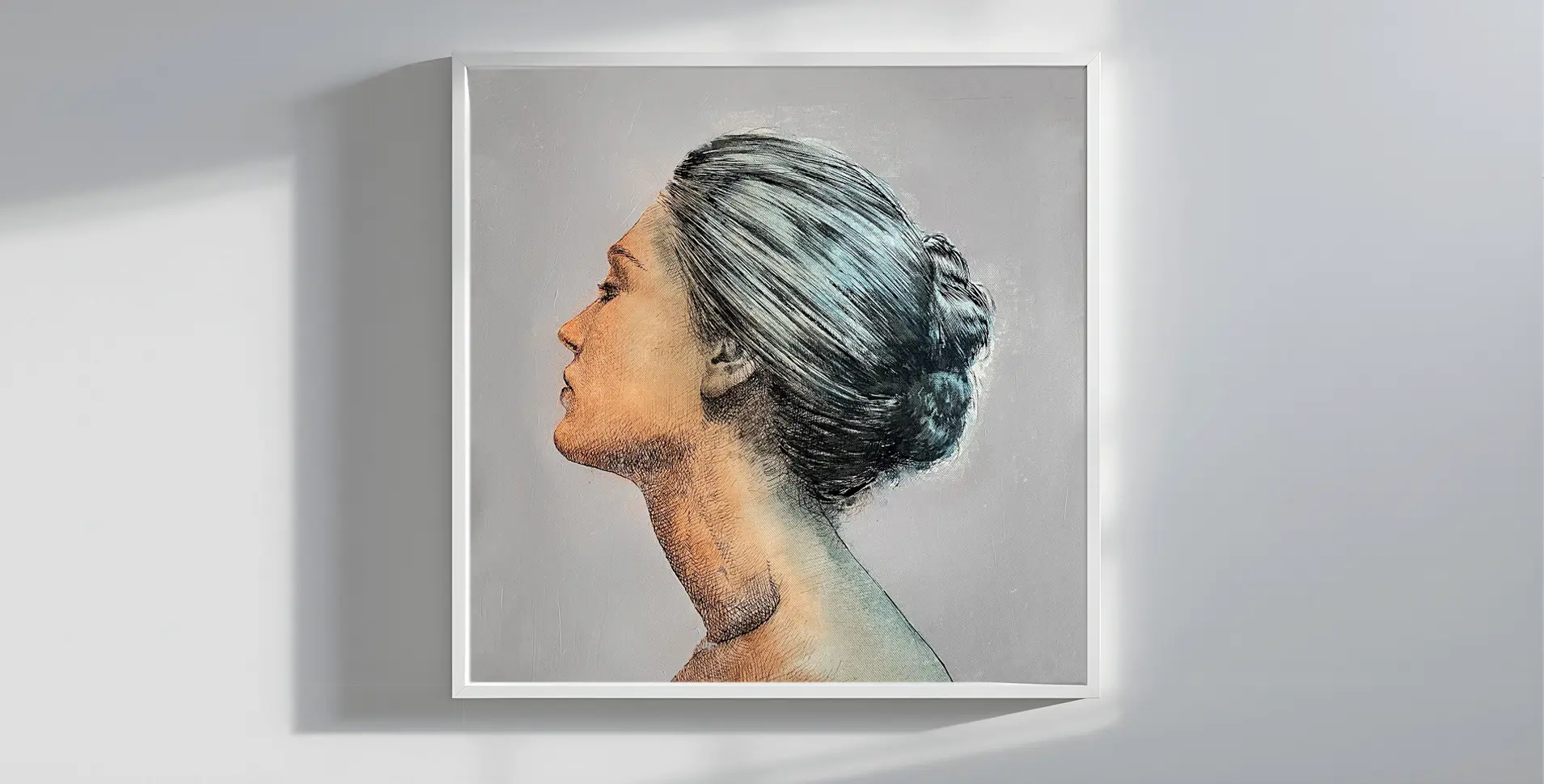 Female profile portrait painting on canvas – original artwork by Dario Moschetta, interior view