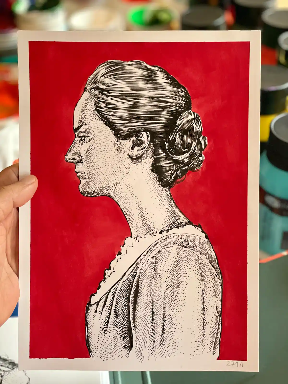 Original ink portrait of a woman — Profile on red (271A)