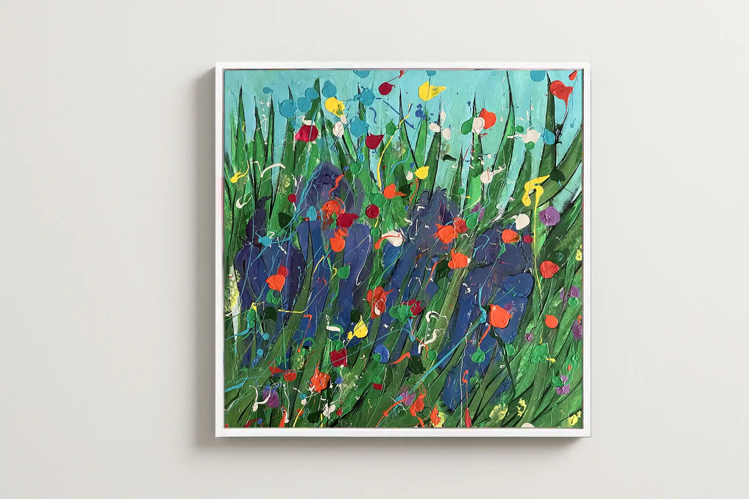 Iris Rush – original acrylic painting on canvas, vibrant botanical abstract with irises and wildflowers by Dario Moschetta
