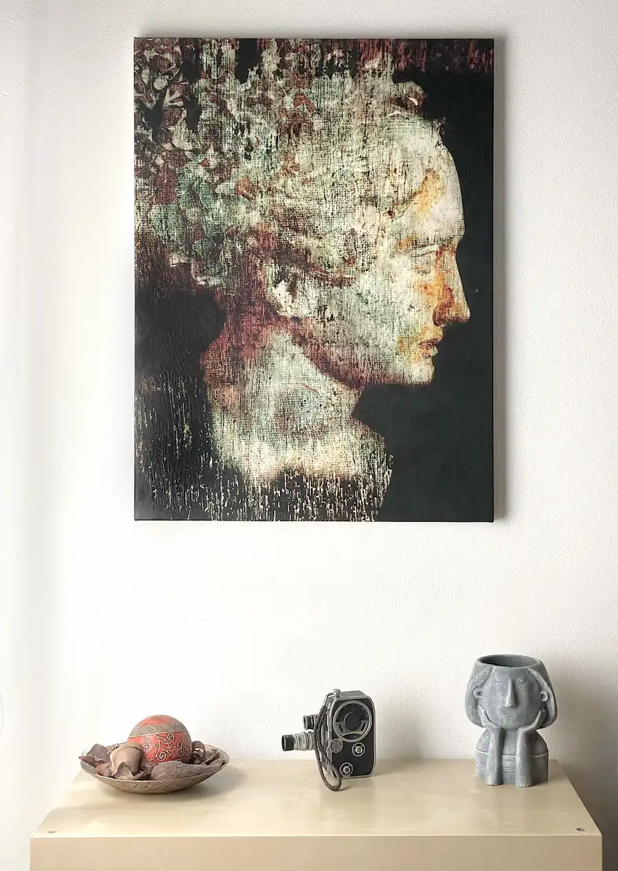 Head 38B mixed media portrait painting displayed on interior wall – Dario Moschetta original artwork