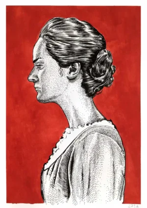 Original ink portrait of a woman in profile on a deep red background, contemporary figurative drawing by Dario Moschetta