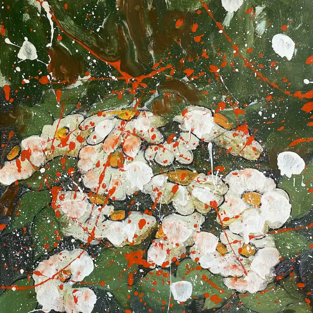 White Corner – original acrylic floral painting by Dario Moschetta, 40x40 cm, 2026