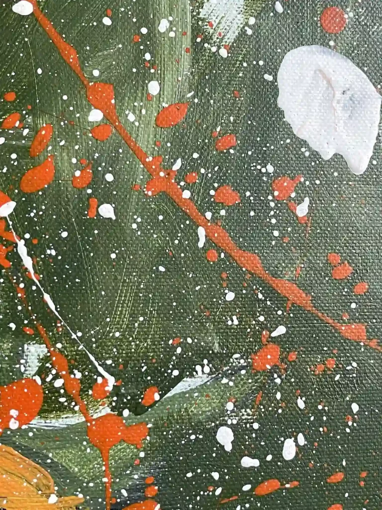 White Corner – detail of acrylic texture and red splashes, Dario Moschetta 2026