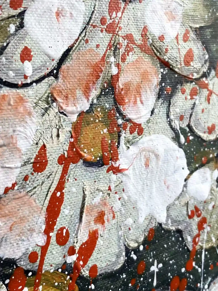 White Corner – detail of petals and canvas texture, original acrylic painting 2026