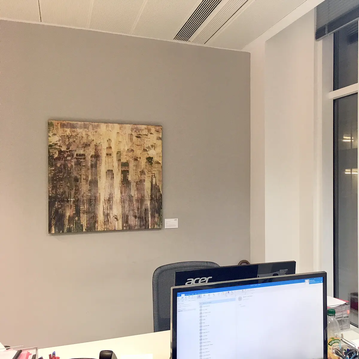 Cityscape painting by Dario Moschetta in New Dawn Risk Group offices, London