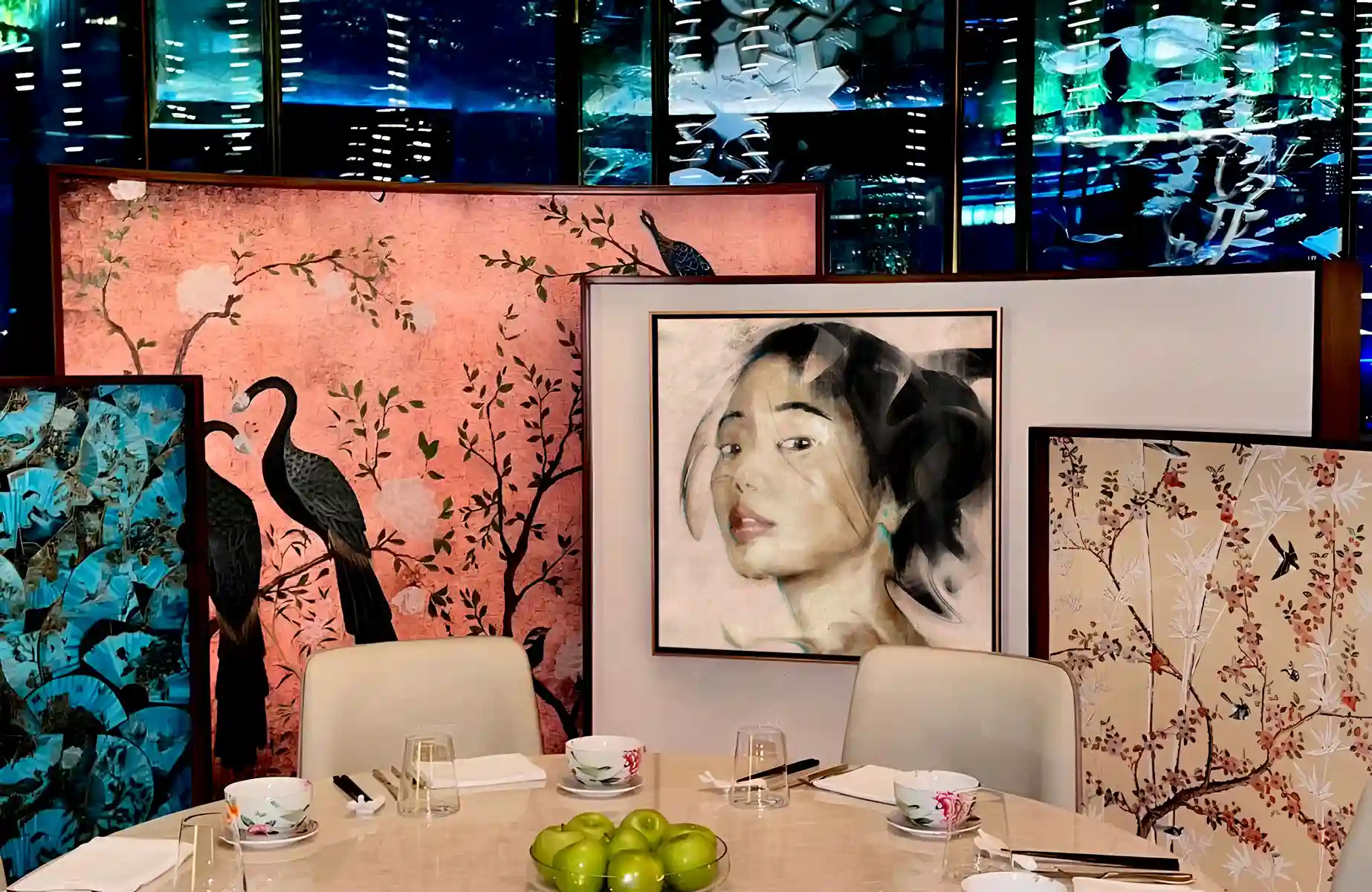 Art for hospitality — original portrait painting by Dario Moschetta in Kai's Songbird restaurant interior, Doha