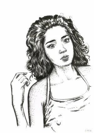 Black and white ink drawing of a woman for sale — original artwork by Dario Moschetta, ref. 258A, full view