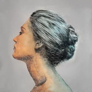 Ink and acrylic portrait painting for sale — original artwork by Dario Moschetta, 40×40 cm, 2026