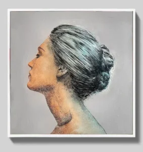 Ink and acrylic portrait painting for sale — studio interior view framed, Dario Moschetta