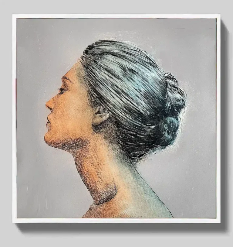 Weight of Silence – ink and acrylic portrait painting, framed, by Dario Moschetta