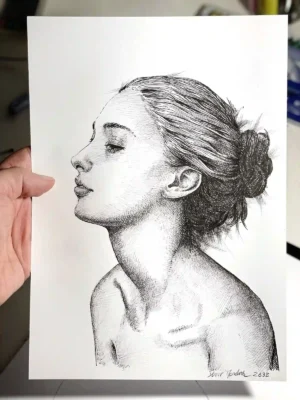 Original ink portrait drawing of a woman held in the artist's hand — Dario Moschetta studio view, ref. 263B