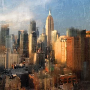 New York cityscape painting for sale — original mixed media artwork by Dario Moschetta, 100×100 cm, ref. NY63