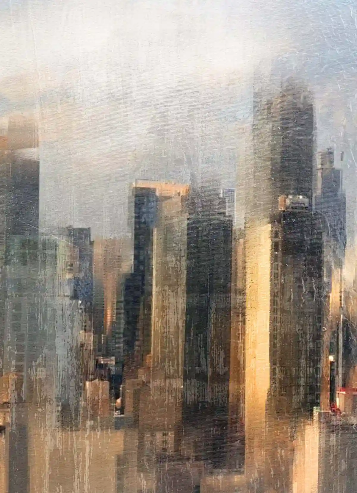 Detail of mixed media texture on lower Manhattan buildings — New York cityscape painting by Dario Moschetta