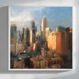 New York cityscape painting for sale — framed version, Dario Moschetta, 100×100 cm