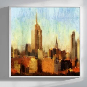 Original New York cityscape painting displayed in a white floating frame, showing wall scale
