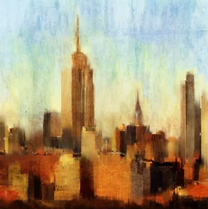Original New York cityscape painting with Empire State Building and Manhattan skyline, mixed media on canvas by Dario Moschetta