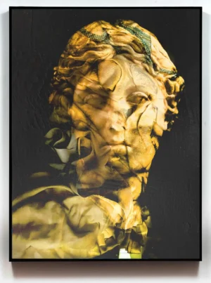 Contemporary classical portrait painting in a black frame on a gallery wall, showing scale