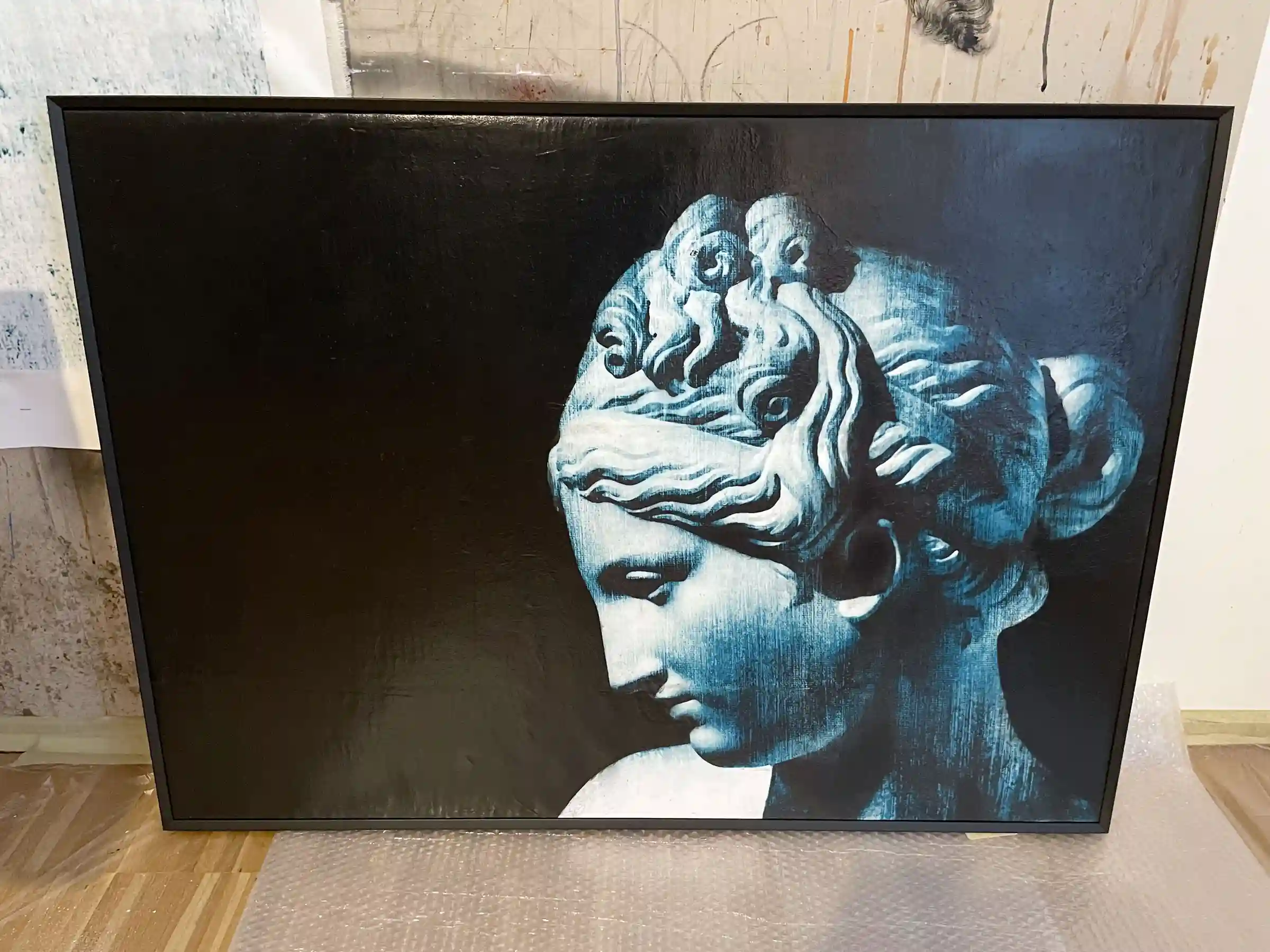 Commission an original painting by Dario Moschetta, a mixed media canvas photographed inside the artist's studio in Italy