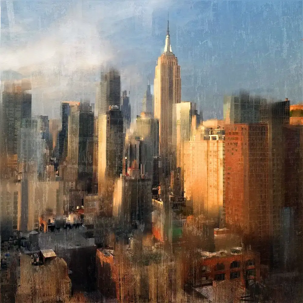 Commissioned New York cityscape, mixed media on canvas, 100 x 100 cm