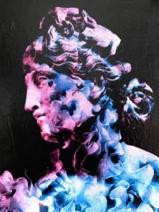 Contemporary classical sculpture painting of a profile head in pink and blue on black, mixed media on canvas by Dario Moschetta