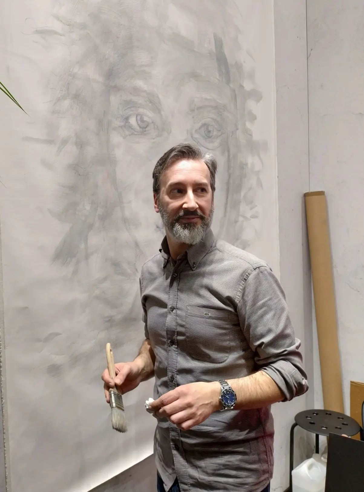 Italian contemporary artist Dario Moschetta in his studio, where every commissioned painting is created by hand