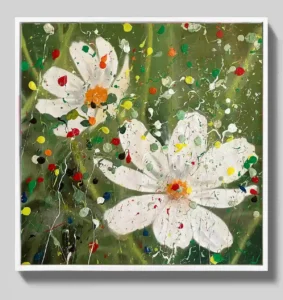 Abstract white flower painting in a white frame on a light wall, showing scale