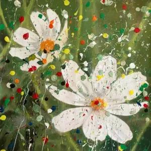 Abstract white flower painting with two white blooms on a green ground and colourful paint splashes, acrylic on canvas by Dario Moschetta