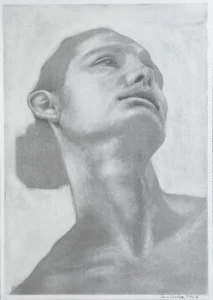 Original graphite portrait drawing of a woman with head tilted back, graphite and white pastel on paper by Dario Moschetta