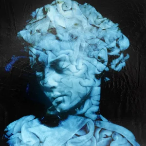 Blue classical statue painting Upcoming Signals 41 by Dario Moschetta, a sculpted head in icy blue with lowered eyes on a black textured ground, mixed media on canvas