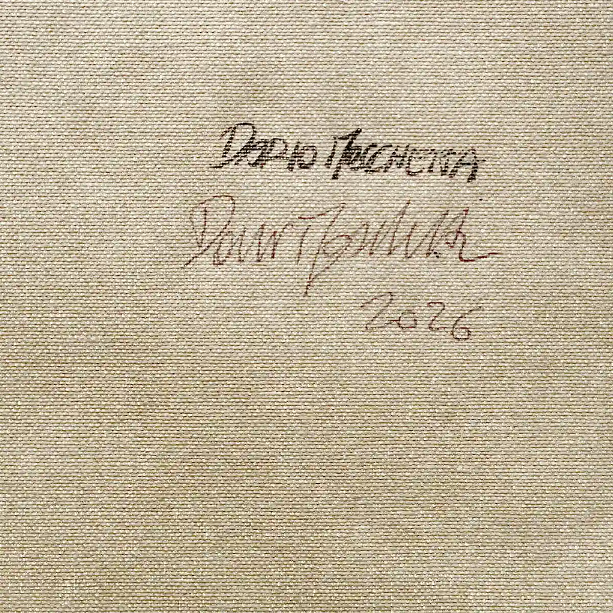 Back of the canvas with the name Dario Moschetta, a handwritten signature and the year 2026