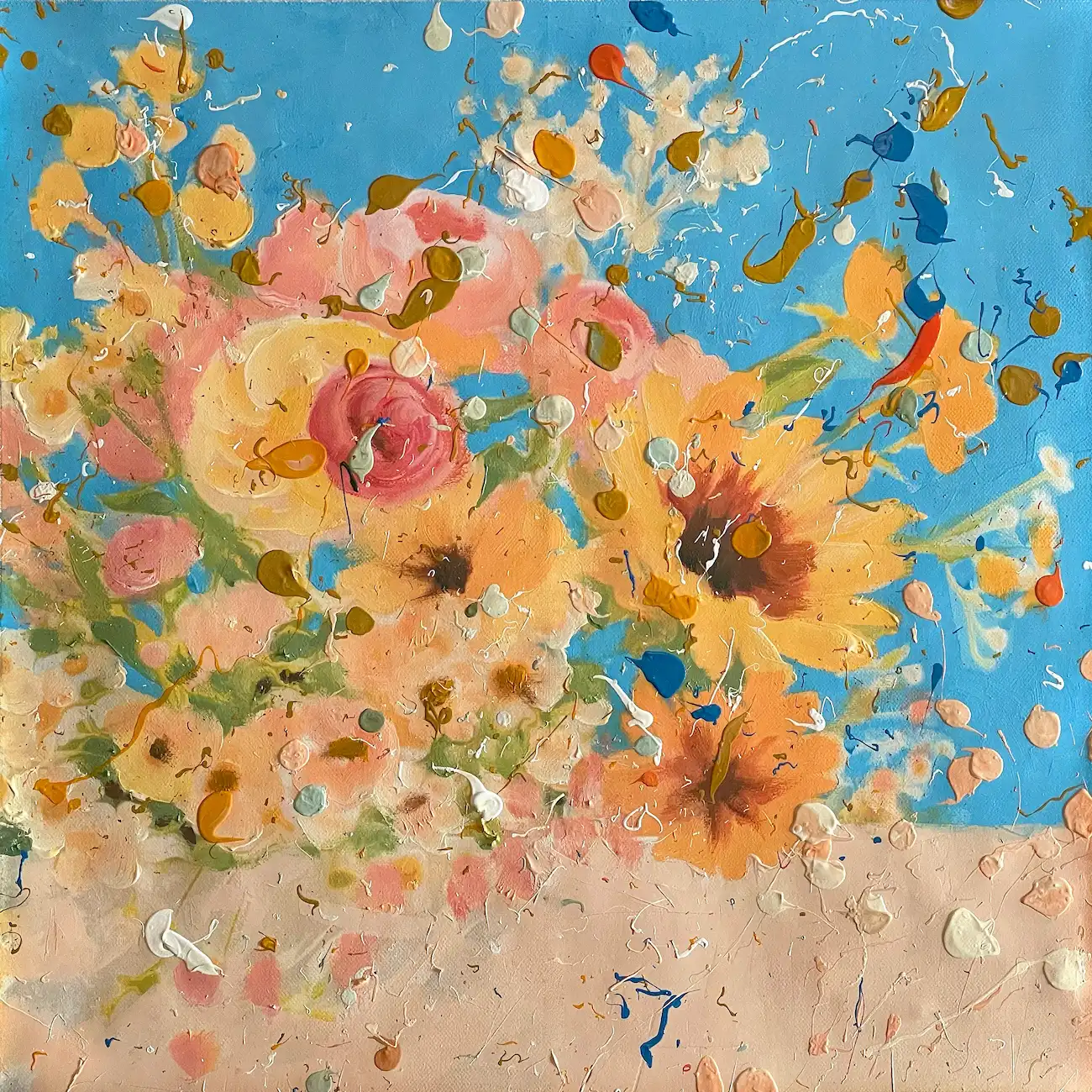 Flower bouquet painting by Dario Moschetta, pink, yellow and orange blooms on a bright blue sky with a peach band below and raised paint drops across the surface