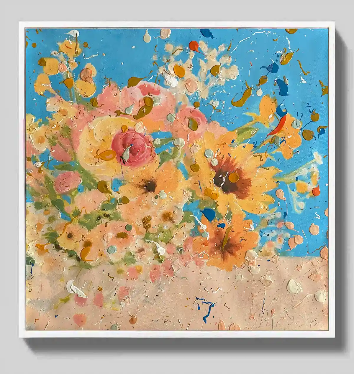 Square flower bouquet painting in a thin white frame on a light grey background