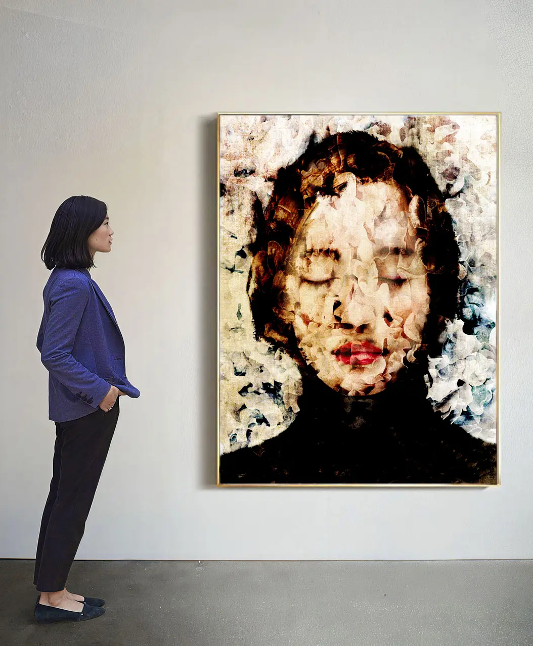 Large format fine art print portrait displayed on a gallery wall, 110x146cm artwork by Dario Moschetta