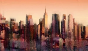 Panoramic New York skyline painting by Dario Moschetta, 120x70cm mixed media on canvas in warm amber and gold tones