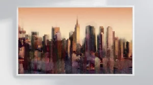 Panoramic New York skyline painting by Dario Moschetta displayed on a wall, mixed media cityscape artwork
