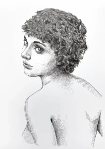 Pen and ink portrait drawing of a figure with curly hair looking over a bare shoulder, crosshatching and stippling on white paper, Portrait 264B by Dario Moschetta