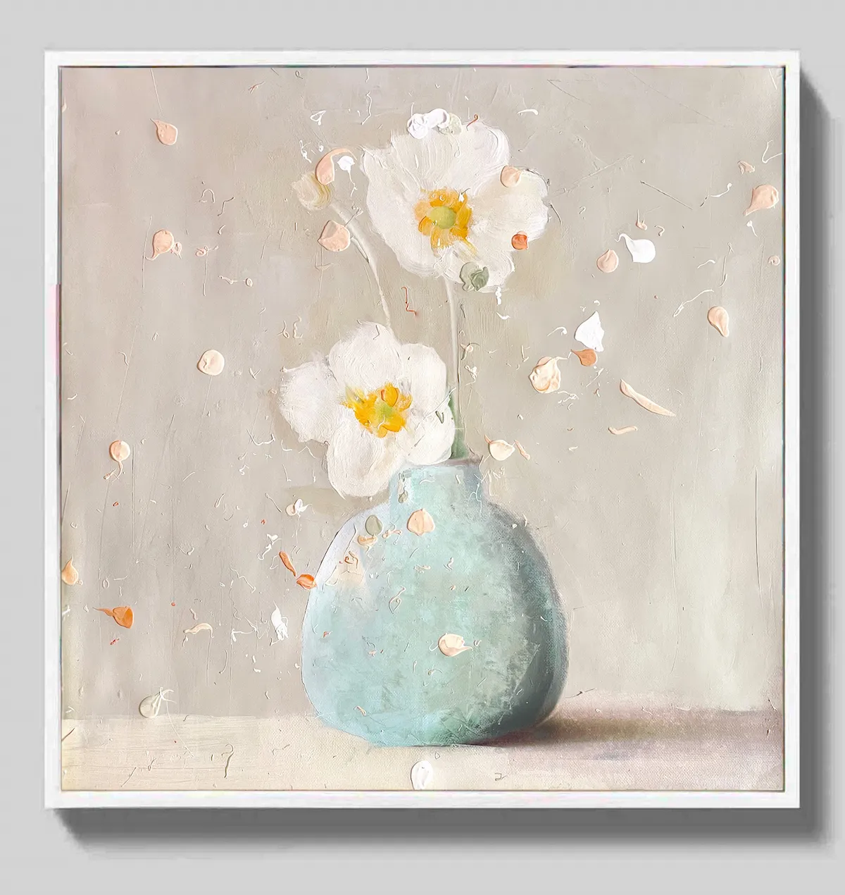 Sunlight Blooms, mixed media painting of two white anemones in a turquoise vase, 40x40 cm