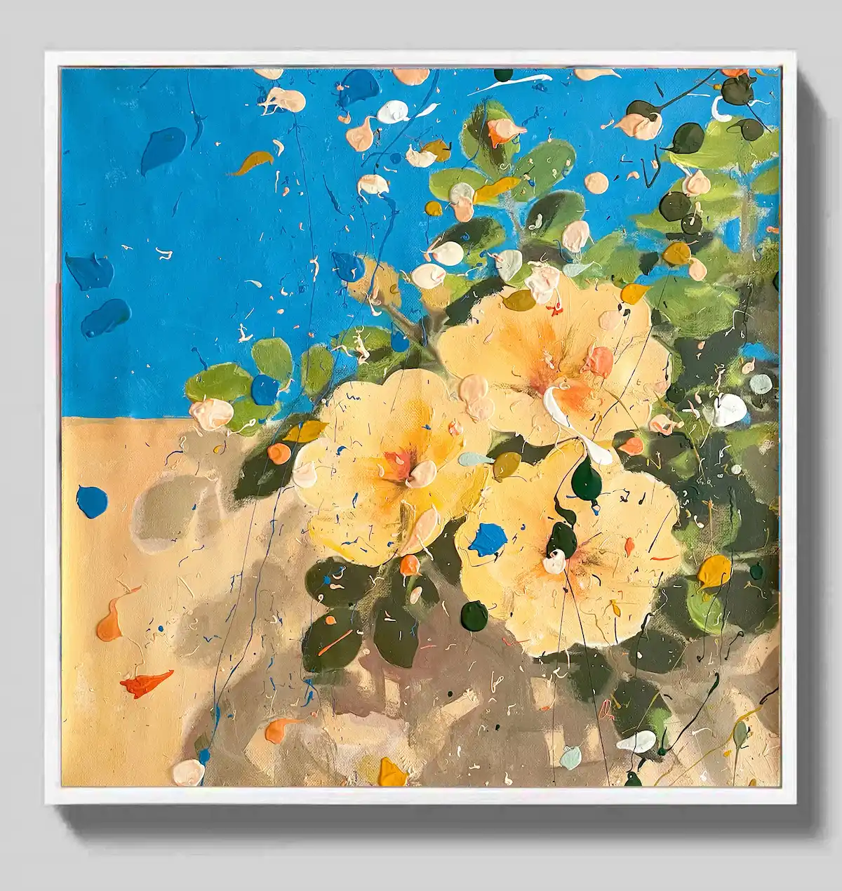 Sunlight Blooms, mixed media painting of yellow flowers against a blue sky, 40x40 cm